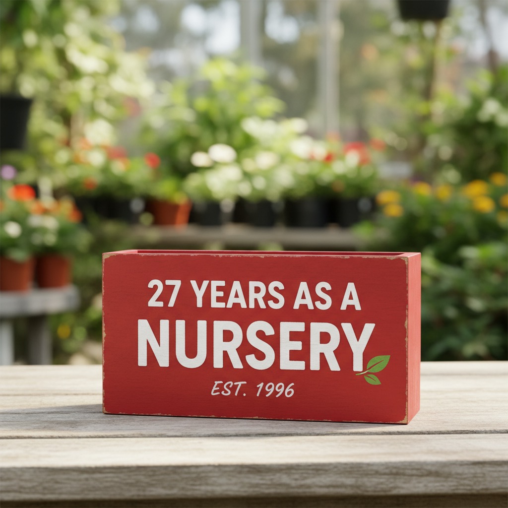 A red wooden block with white text that reads "27 YEARS AS A NURSERY EST. 1996" sits on a wooden surface in front of a blurred plant nursery.